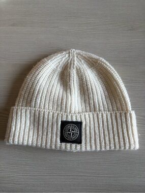 Stone Island Cream Ribbed Knit Beanie 100% Virgin Wool